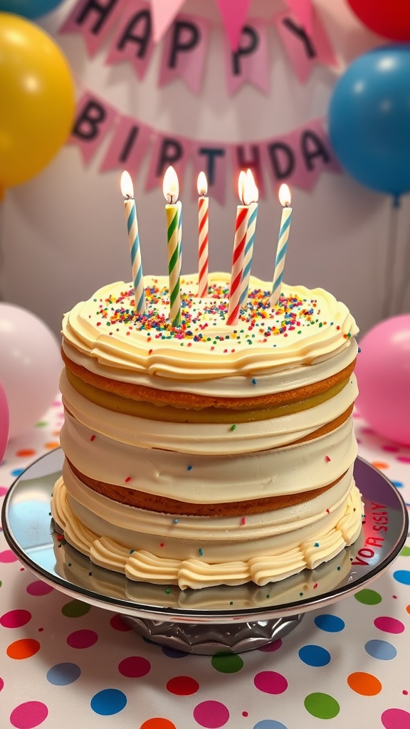 A vibrant birthday cake with buttercream frosting and sprinkles, surrounded by festive decorations.